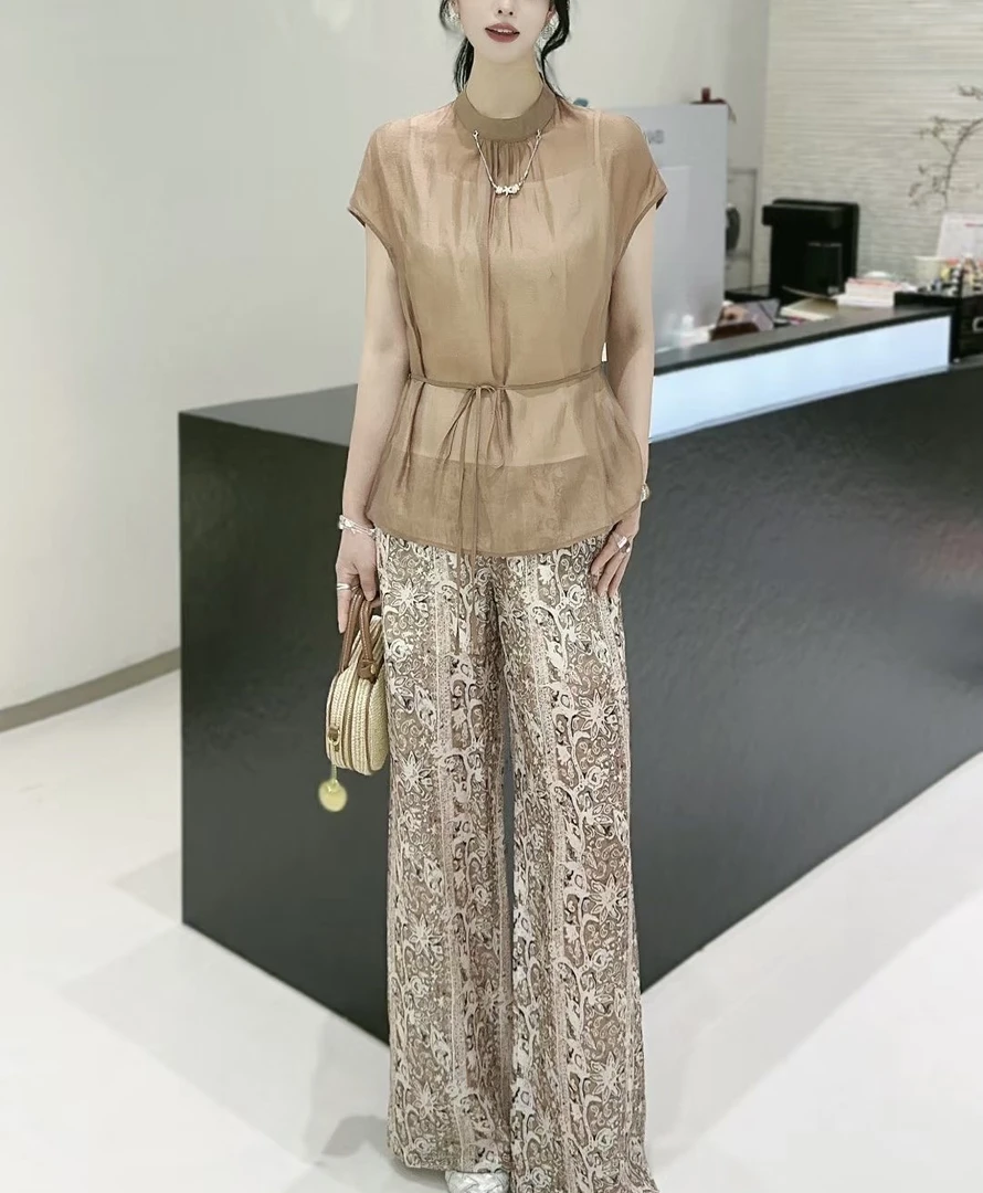 夏季新款精致印花减龄衬衫唐装气质小衫套装