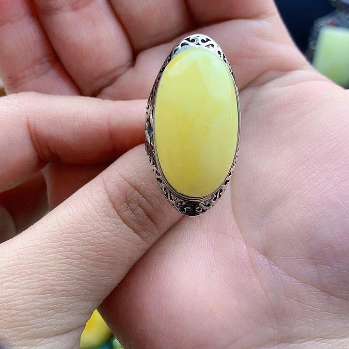 琥珀裸石银S925镶嵌戒指