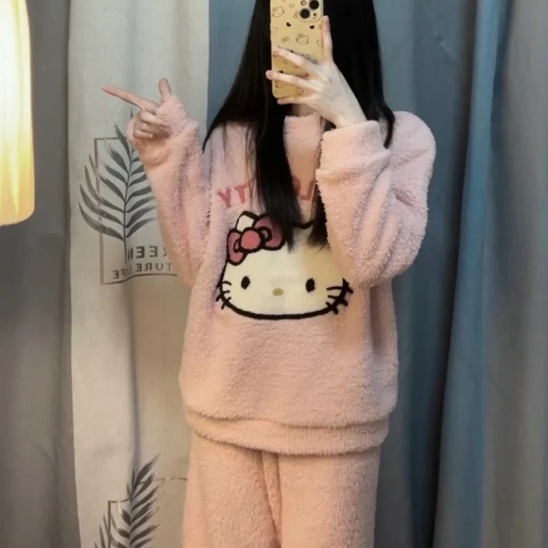 圆领粉色大猫珊瑚绒加绒加厚睡衣秋冬季女款爆款2025新款长袖长裤