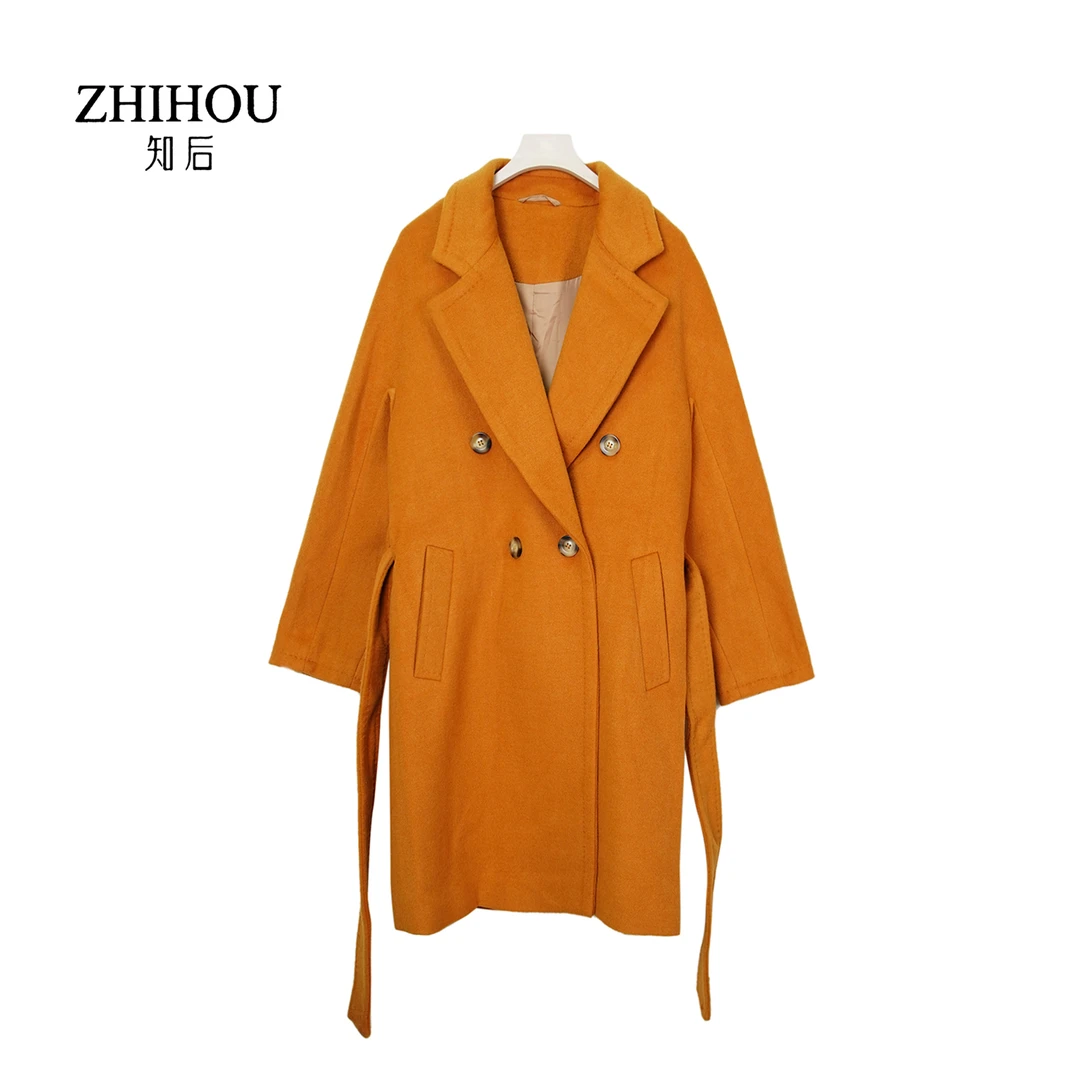 DY0031【】时尚橘黄色系带双排扣宽松韩版大衣