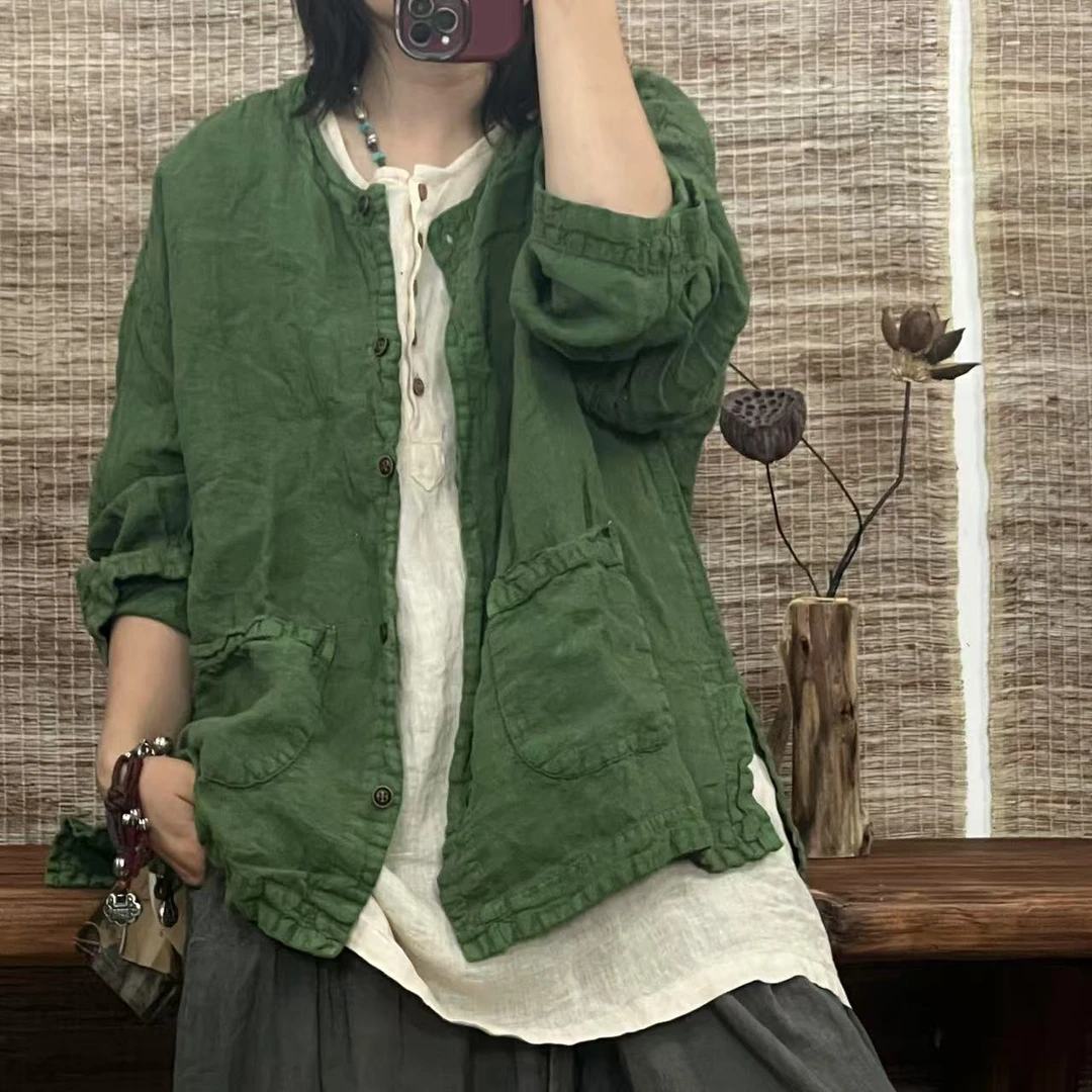 M  1153 夏季新款炒色圆领口袋亚麻衬衫（胸围128衣长65）