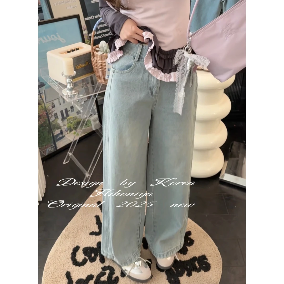 【阔腿牛仔4.0】三Hihoniya~2025春季妈妈小个子显瘦阔腿韩版牛仔裤