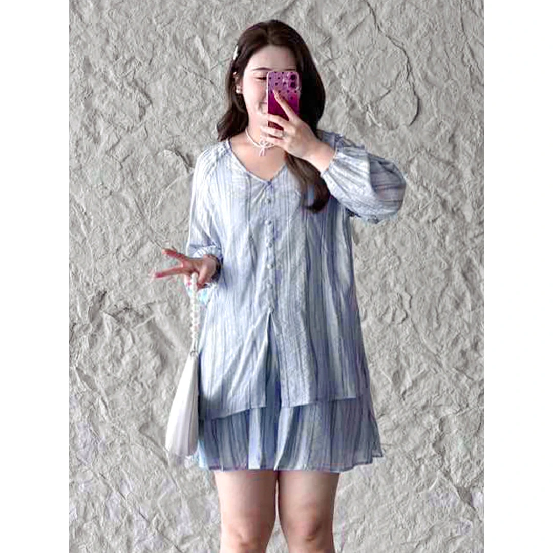 【复古条纹印花V领衬衫短裤两件套装】MsShe大码女装夏季S2503004