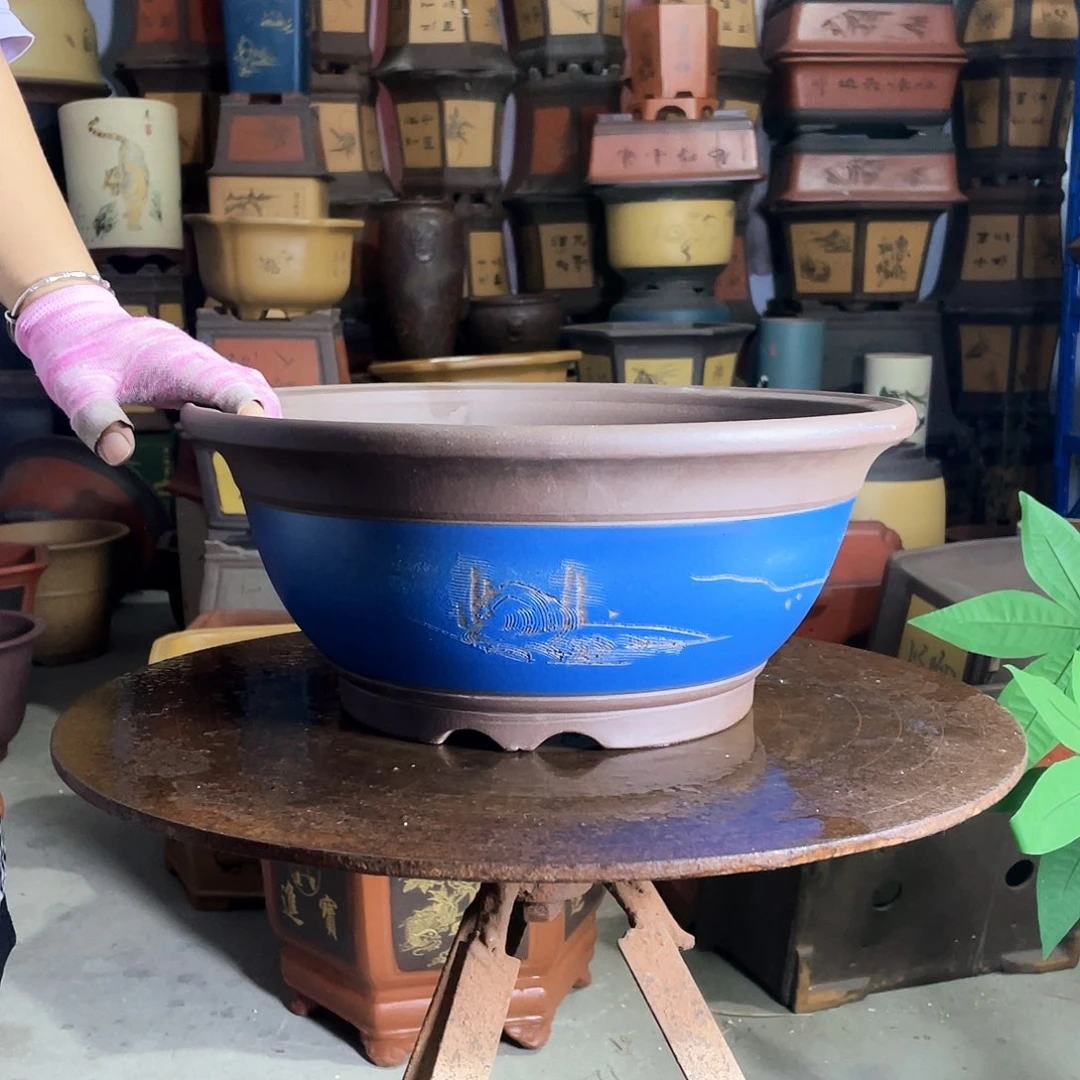 宜兴紫砂花盆红33蓝碗