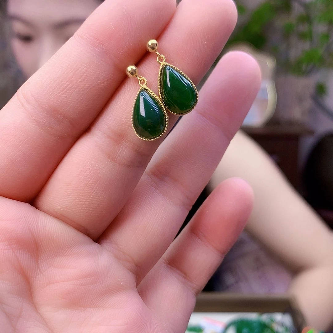 和田玉（碧玉）银S925镶嵌吊坠(不含链)耳钉