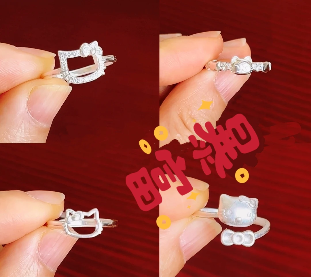 足银戒指  足银999kt猫头戒指闺蜜小众简约可爱百搭简约银戒