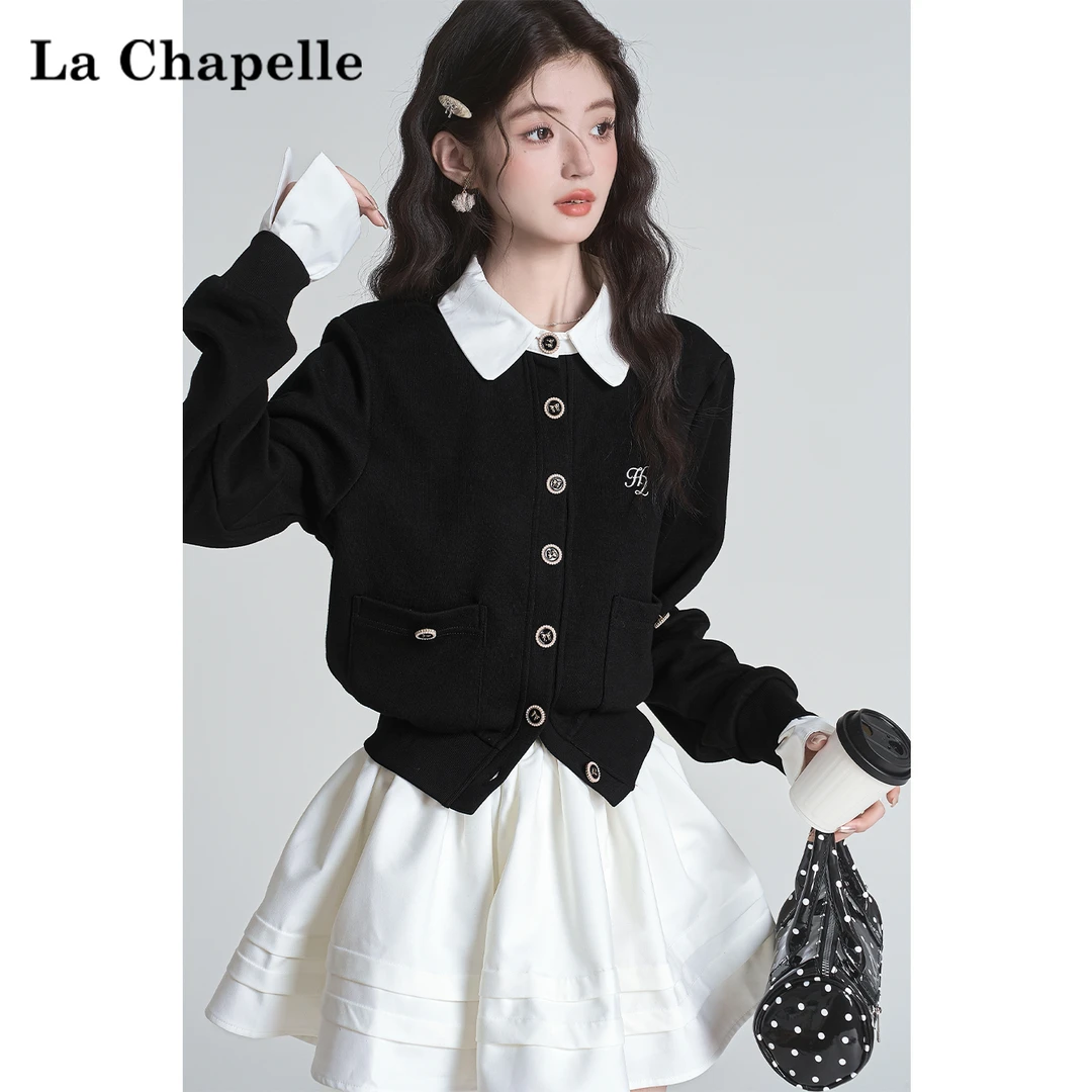 拉夏贝尔学院风娃娃领假两件拼接黑色长袖开衫女秋季百搭显瘦套装