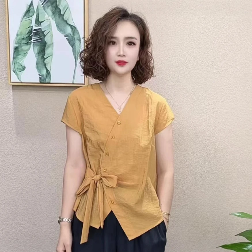 2025夏季新款重工不规则设计短袖绑带V领T恤女修身显瘦上衣女