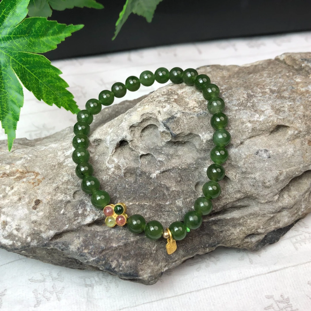 【琪禧珠宝】和田碧玉四叶草5-6mm手串22112120（多样性发货）