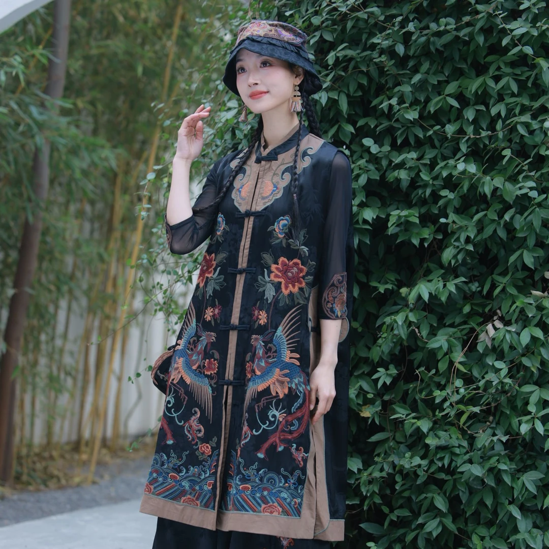 [WYZAKING]【双凤齐鸣】新中式重工刺绣立领盘扣对襟长款马甲外套