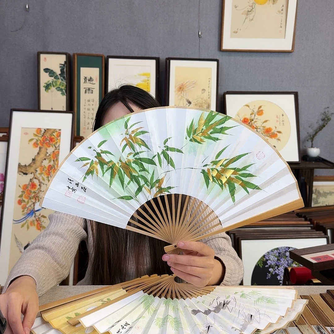 国画8寸水磨玉竹-纯手绘-文玩扇骨（默认粘好）