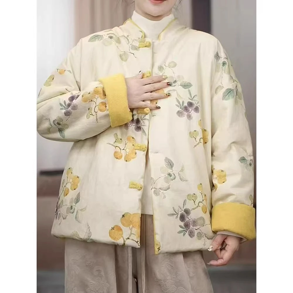 长袖厚款棉衣外套女时尚双面穿棉服秋冬J复古花色民族风国风开衫