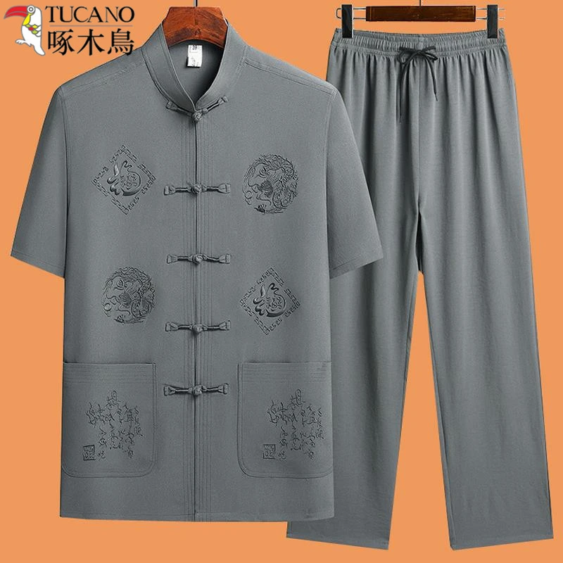 啄木鸟夏季爸爸中国风衬衫短袖老人唐装男士中老年套装中式爷爷装