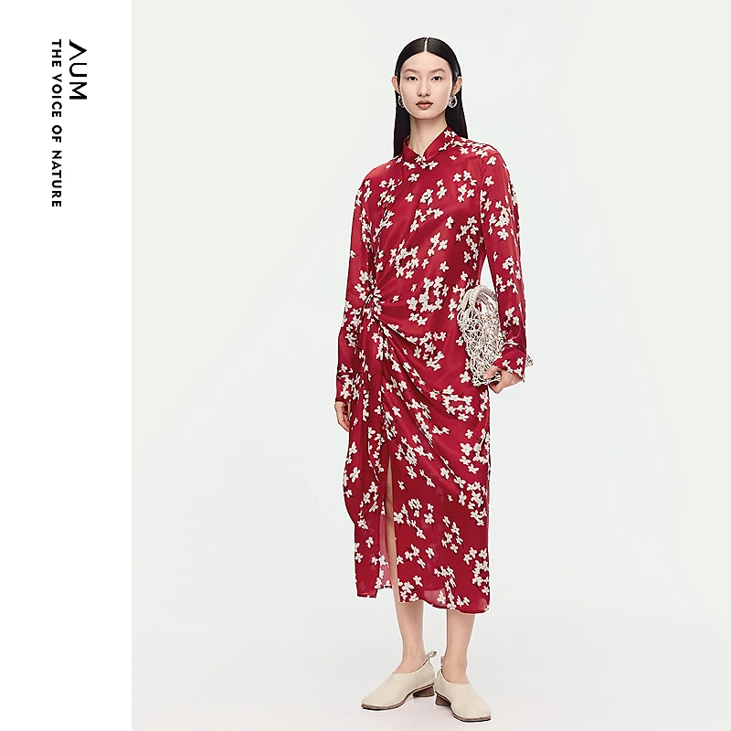 AUM噢姆桑蚕丝新中式梭织旗袍连衣裙MCFZ30066