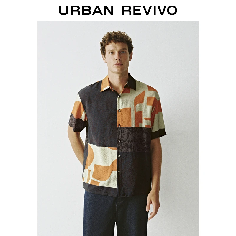 UR2025春季新款男波嬉风设计感拼接印花开襟衬衫UMF250035