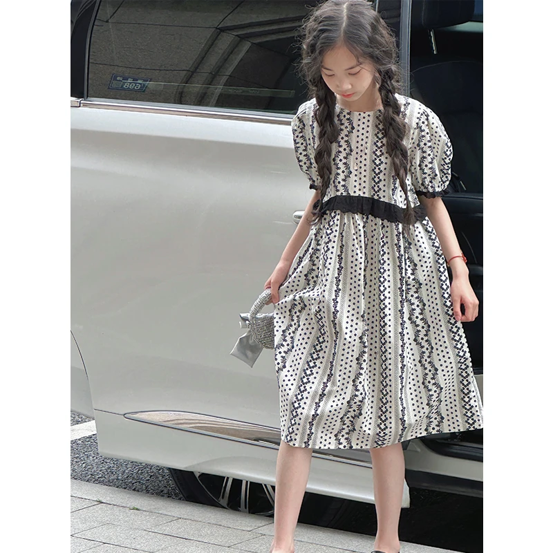 K28897花边女童夏装连衣裙2025新款高级感休闲儿童碎花裙子A字裙