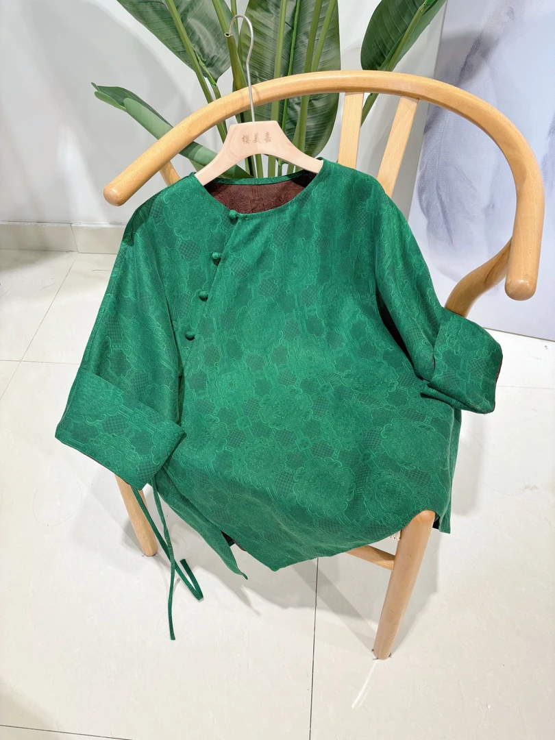 DY2865樱美嘉新款100桑蚕丝斜襟衬衫国风圆领毛衫宽松新中式上衣