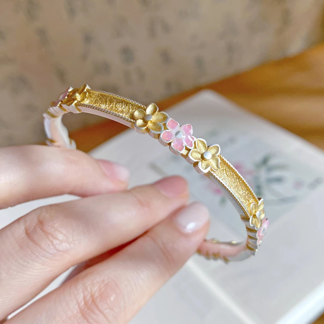 足银珐琅手镯 描金手镯999足银女新中式三朵梅花珐琅彩纯银送女友