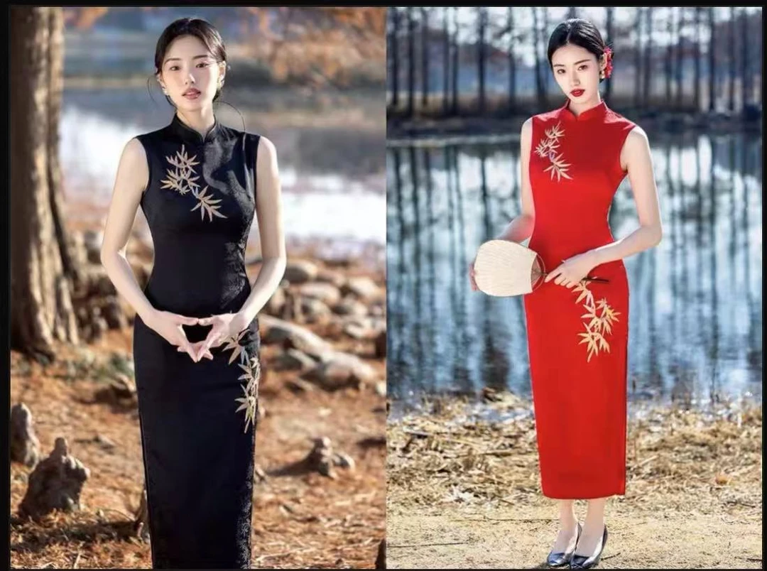 SY新中式国风刺绣改良旗袍高级感气质修身黑色无袖