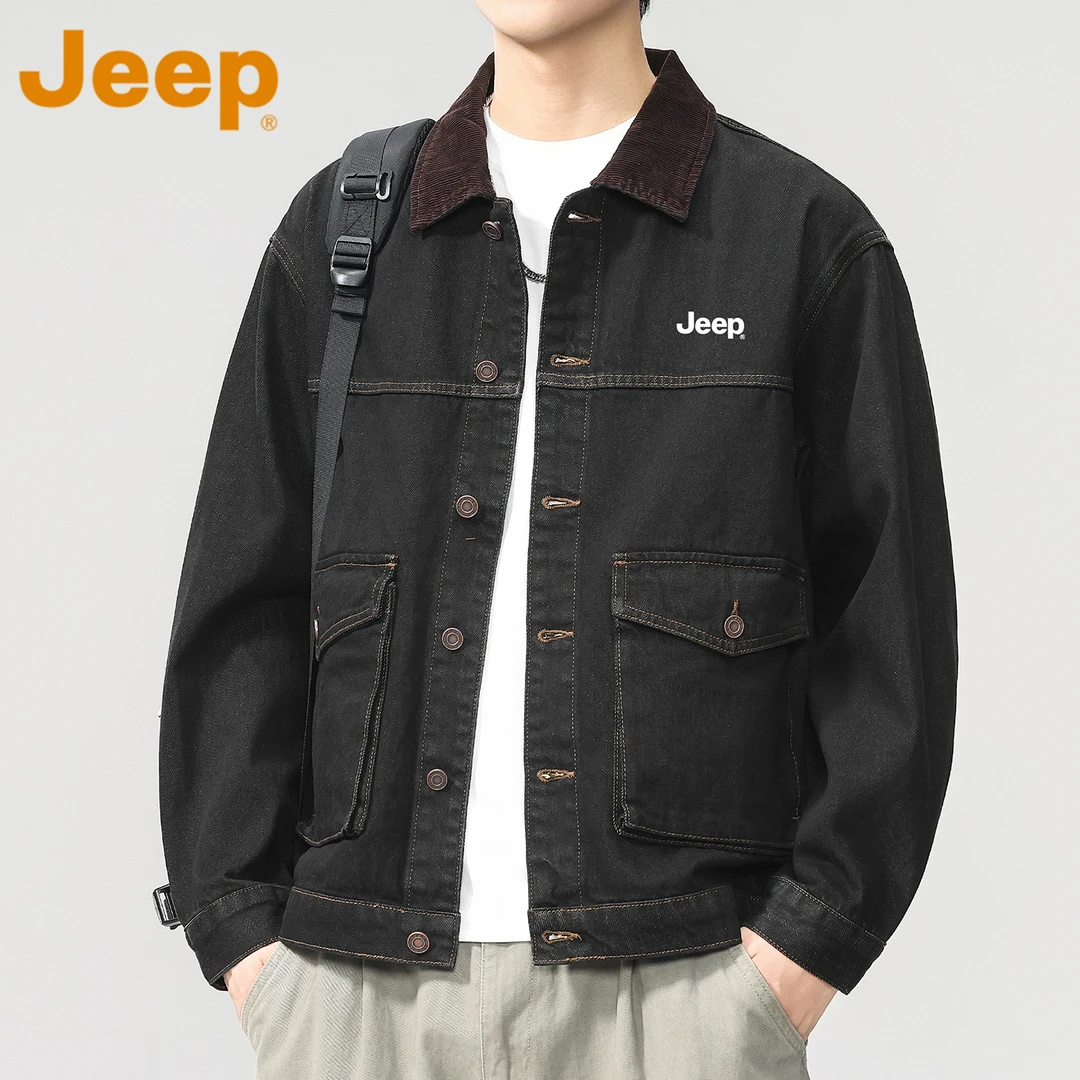 JEEP吉普美式潮牌牛仔外套男士春秋季拼接撞色翻领宽松工装风夹克