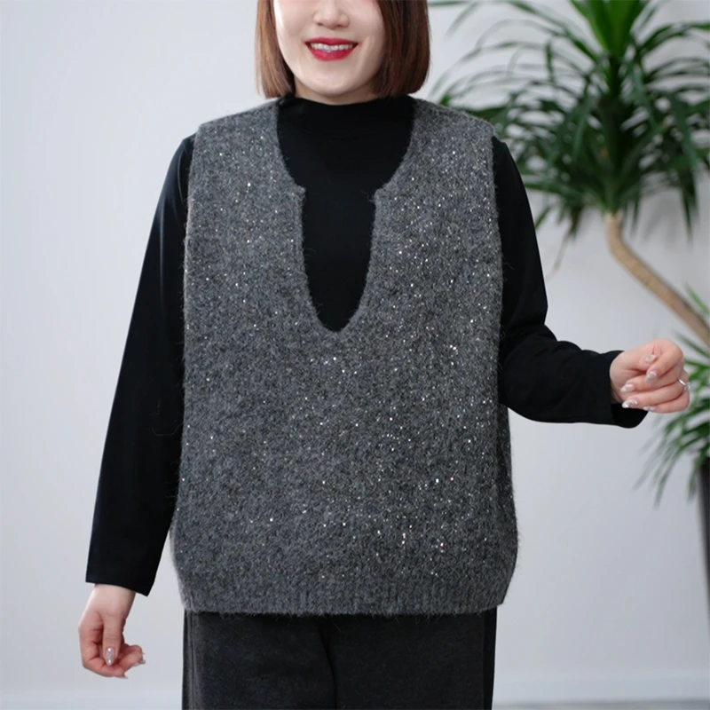 UV领亮片绵羊毛针织马甲慵懒风宽松时尚叠穿大码保暖冬季坎肩女潮