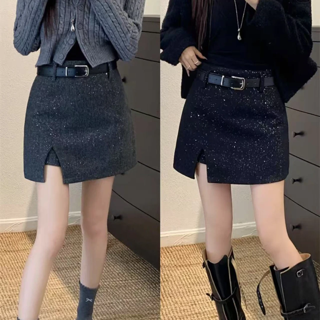 9293-2024年冬季新款时尚洋气百搭显瘦星空腰带裤裙