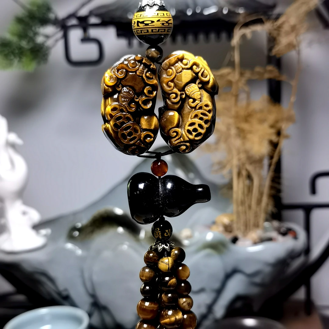 天然虎眼石新能源电车车载后视镜高档玉石汽车用品双貔貅汽车挂件