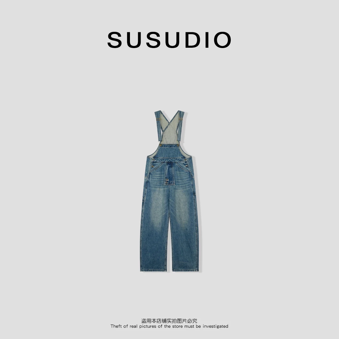 SUSUDIO设计款减龄显瘦休闲工装直筒背带裤40156