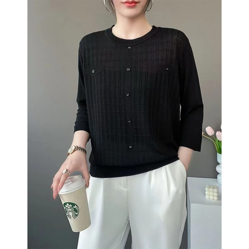 小香风口袋盖中袖上衣女夏季新款宽松休闲竹节格子拼接纯色针织衫