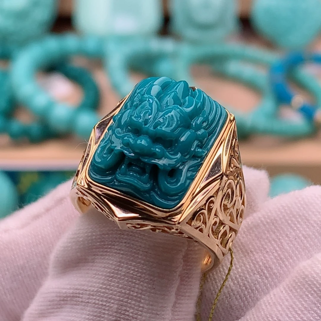 绿松石珠宝奇石18K金镶嵌龙戒