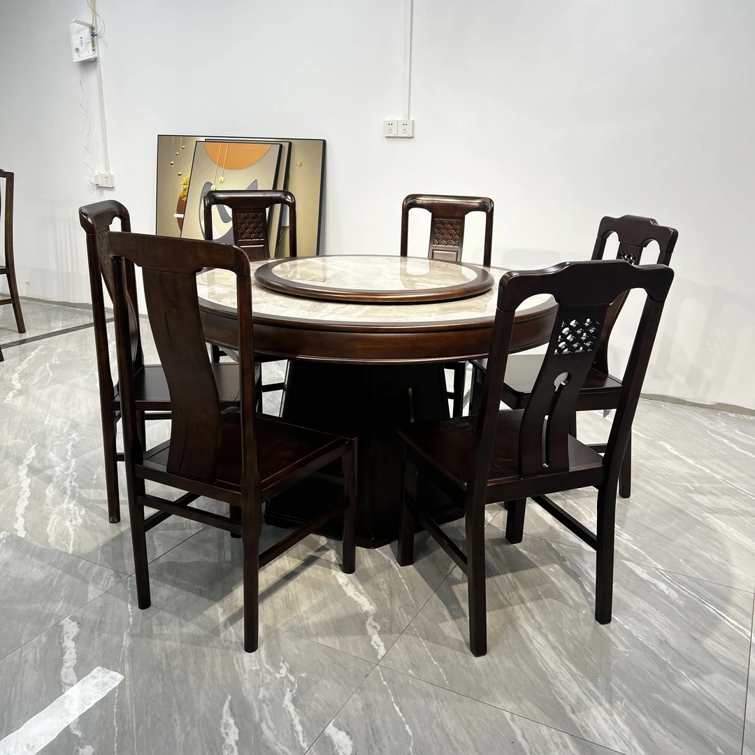 新中式乌金木实木岩板餐桌圆桌饭桌家用桌子餐桌椅组合带转盘