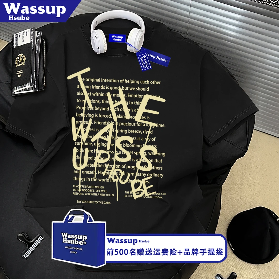 WASSUP HSUBE美式夏季休闲多行字母印花短袖日常T恤男女款纯棉