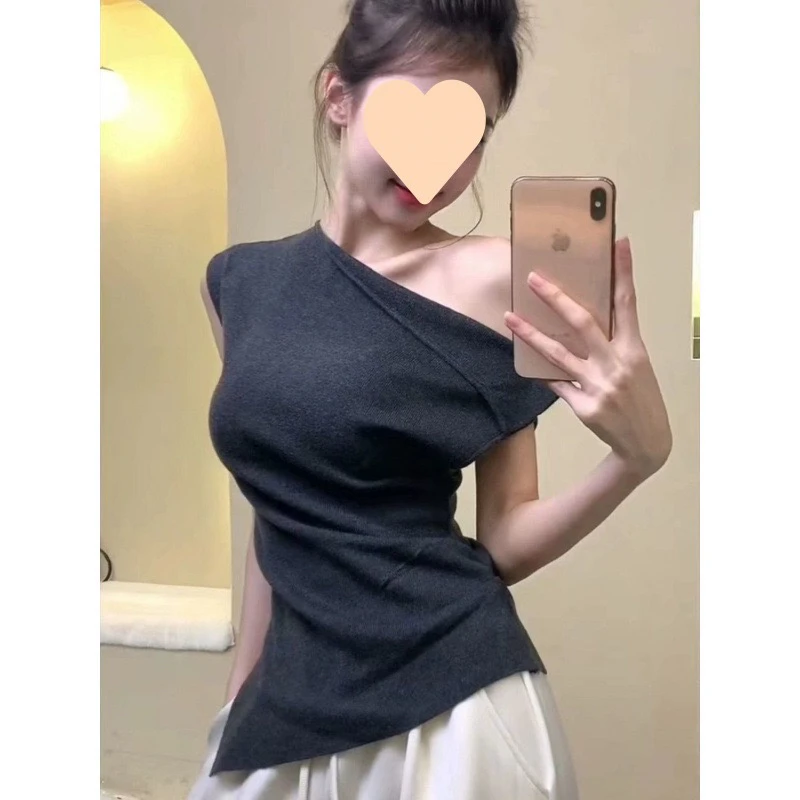 褶皱极简风轻职风常规款短袖T恤夏季百搭西域风森系露肩气质针织