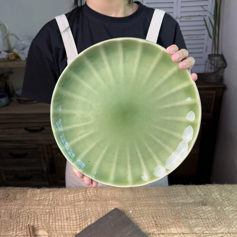 11英寸青瓷复古日式和风色釉渐变复古元素盘复古风圆形大盘子