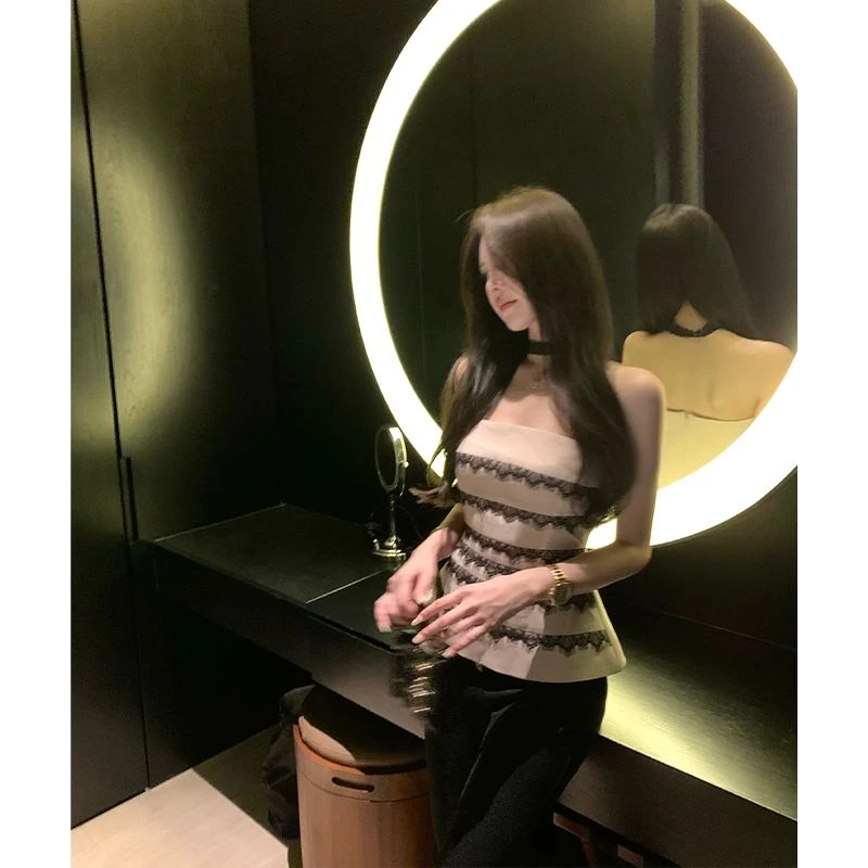 titi小姐姐【微醺白波特】抹胸蕾丝拼接性感裹胸修身收腰打底上衣