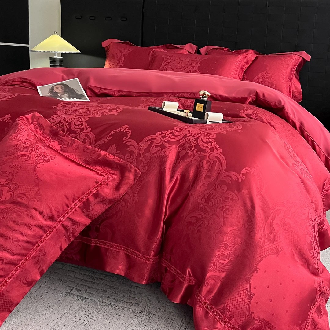 水星高档家纺160支结婚四件套大红色喜被被套婚庆纯棉婚床上用品4