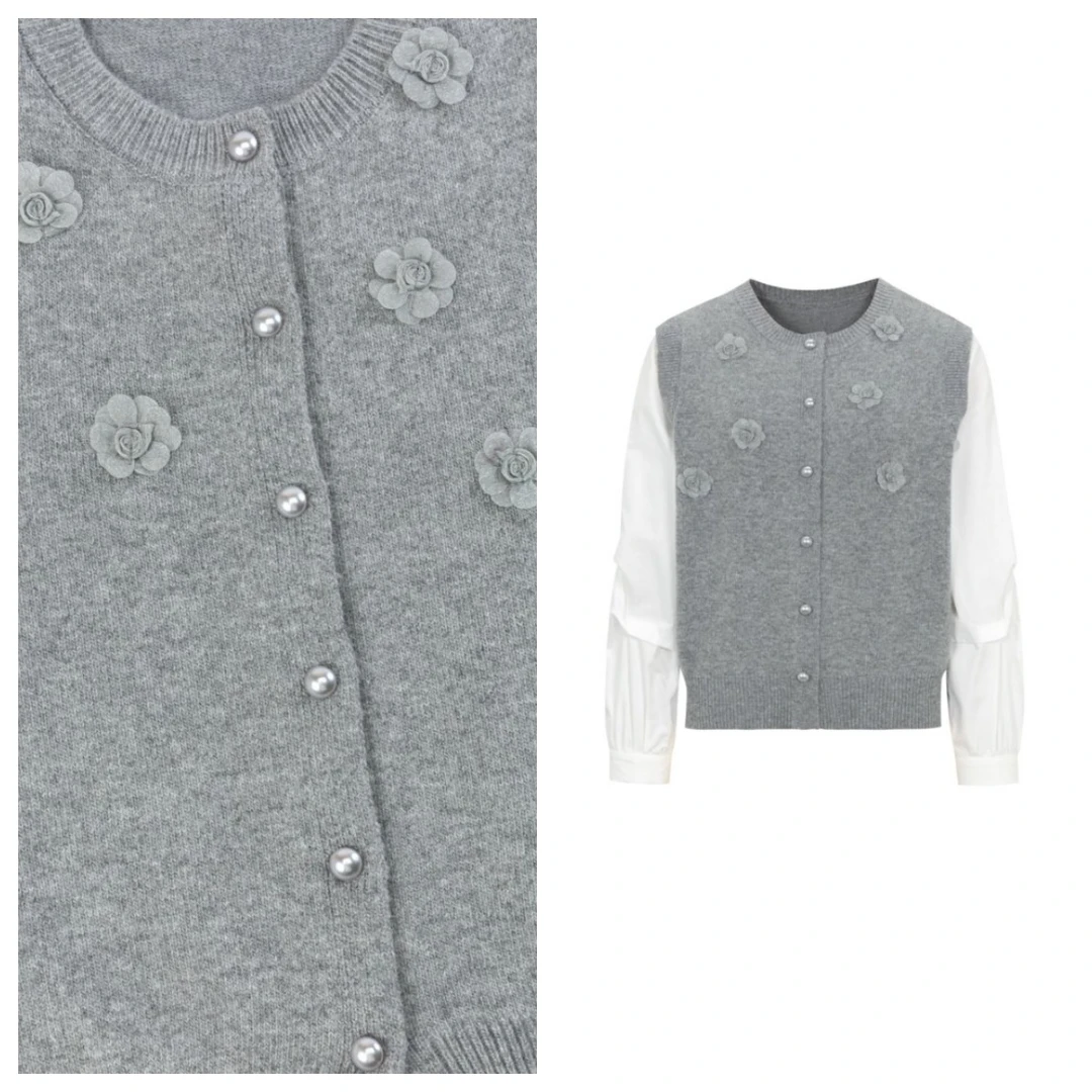 【AOB.RUI】衬衫拼接立体盘花假两件毛衣2025春季新款彩扣开衫上衣