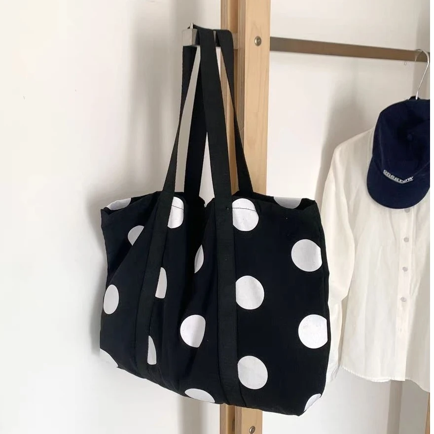 大容量购物袋托特包简约百搭黑白波点韩系慵懒松弛感单肩帆布包女