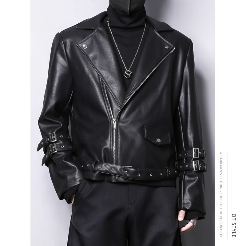 1427暗黑机能风潮流高街美式复古机车翻领皮衣男痞帅宽度短款夹克