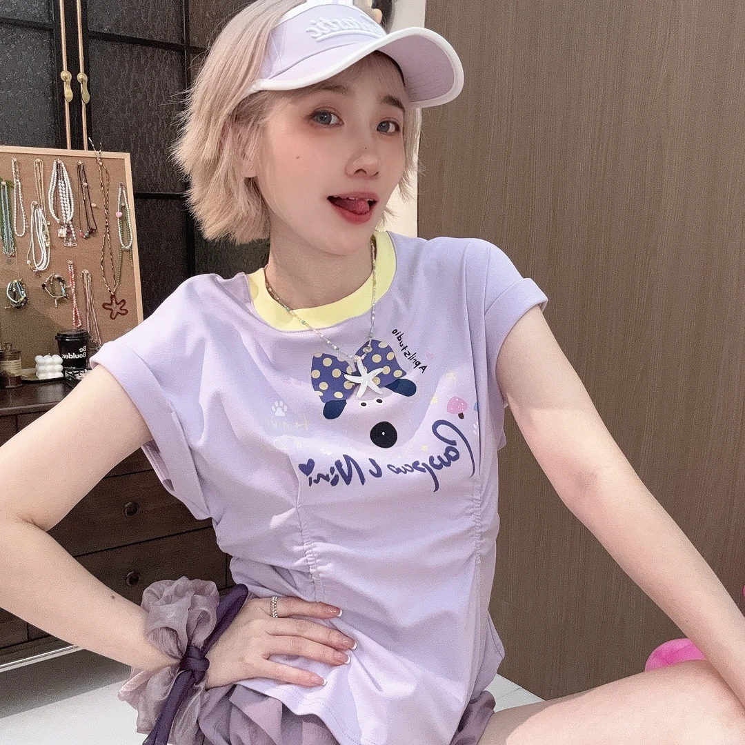 Apr.【蝴蝶狗】显白撞色休闲夏季凉爽压褶数码印百搭宽松T恤24F502