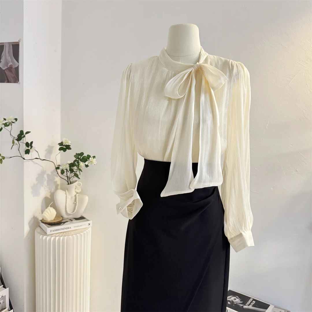 法式温柔风系带蝴蝶结长袖衬衫女2025秋季设计感飘带衬衣气质小衫