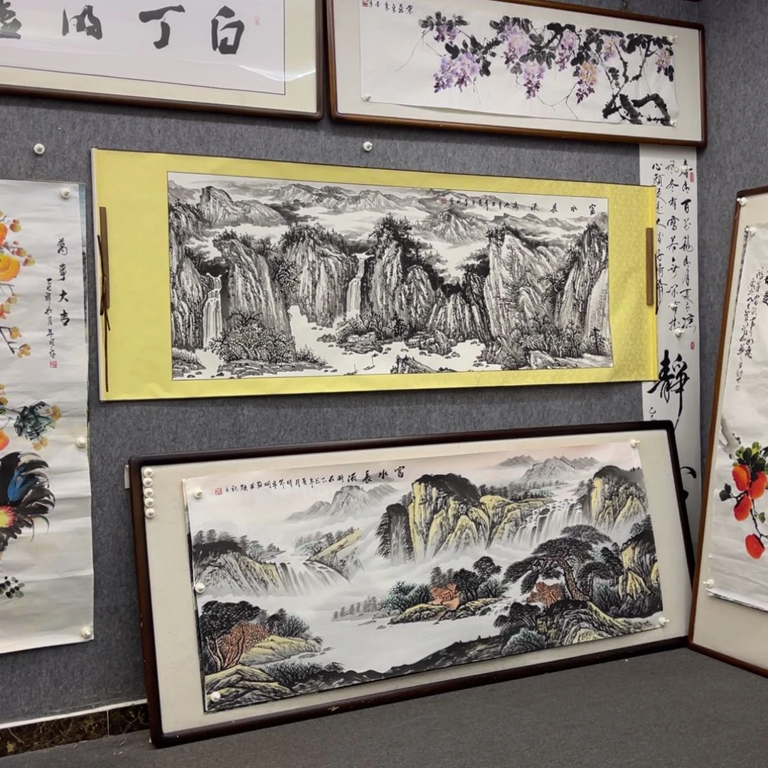 国画六尺水墨富水长流山水卷轴