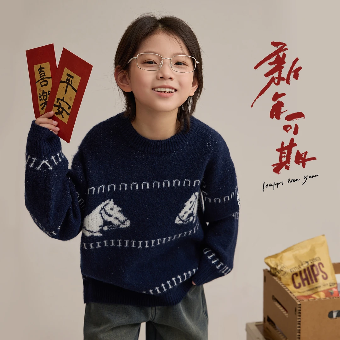 辰辰妈【英伦老钱】男童圆领卡通提花毛衣冬季保暖针织上衣9374D