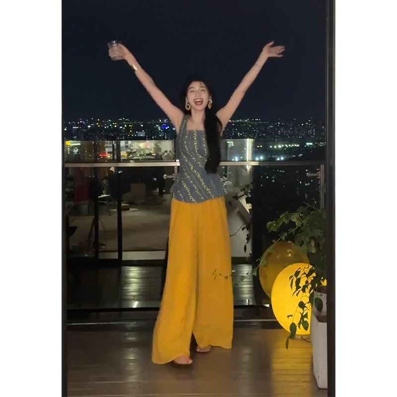 parkyeon韩系小众掐腰碎花条纹吊带背心女夏季松弛感慵懒风休闲裤