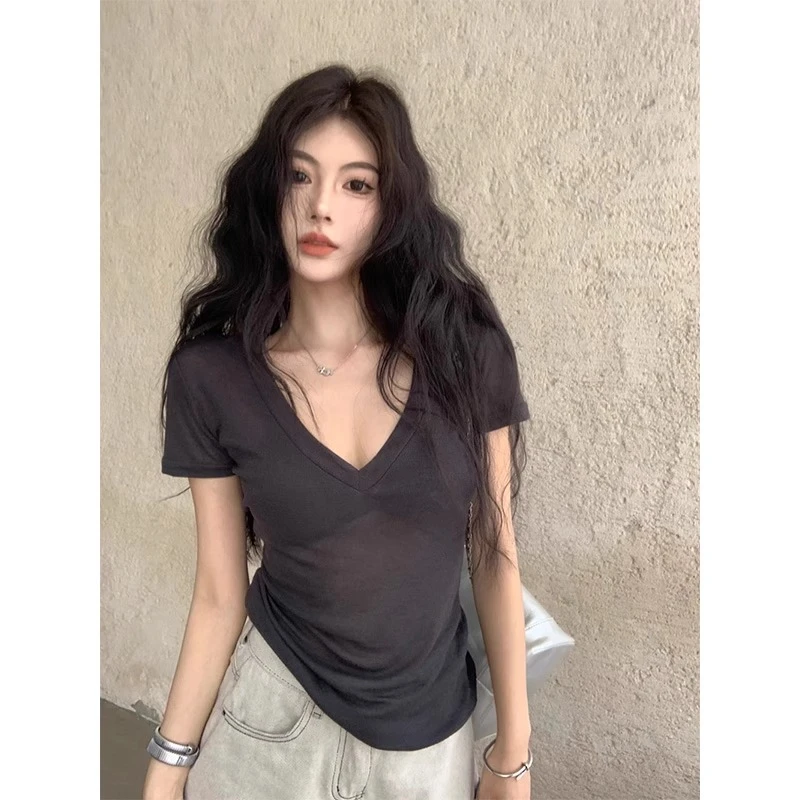 纯欲风辣妹微透V领短袖T恤女夏ins韩版高级垂感修身显瘦薄款上衣
