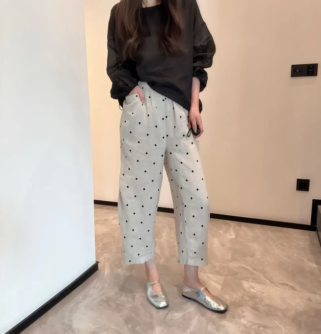【丽丽推荐】亚麻点点压折奶奶九分裤