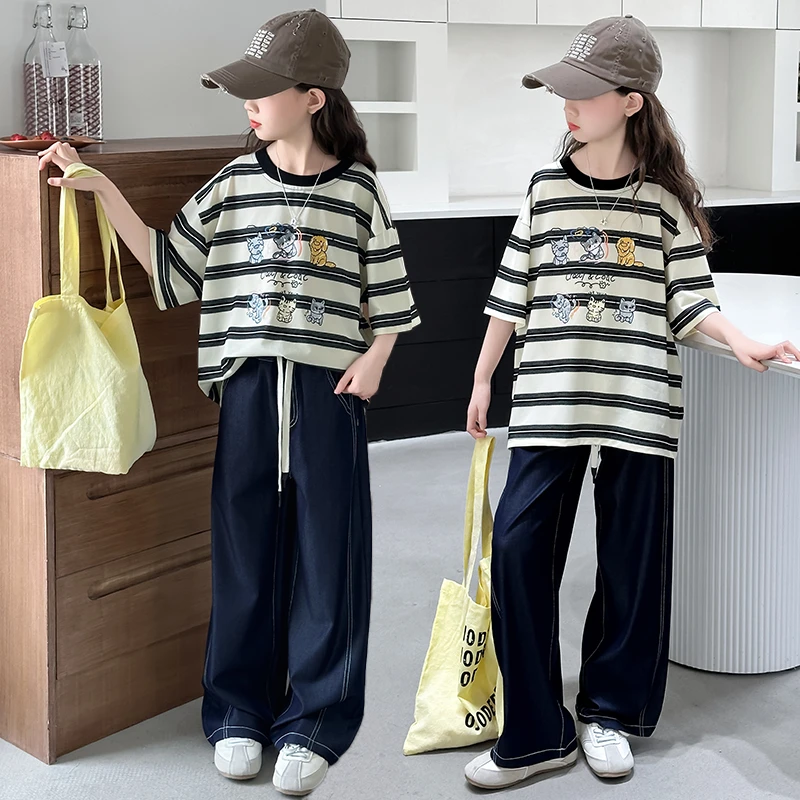 2025新款夏季女童时尚条纹T恤潮流直筒夏款阔腿直筒裤套装