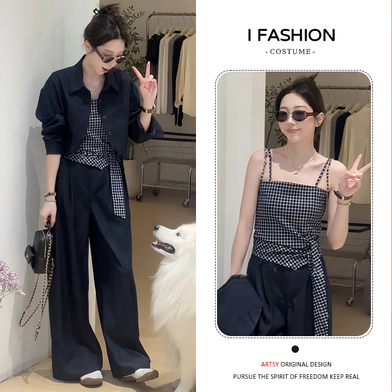 休闲小个子显瘦套装女2026春秋新款百搭开衫外套吊带阔腿裤三件套