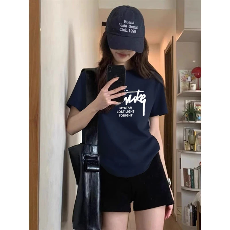 2025新款圆领短袖t恤女装时尚宽松休闲大码藏青色基础款夏季上衣