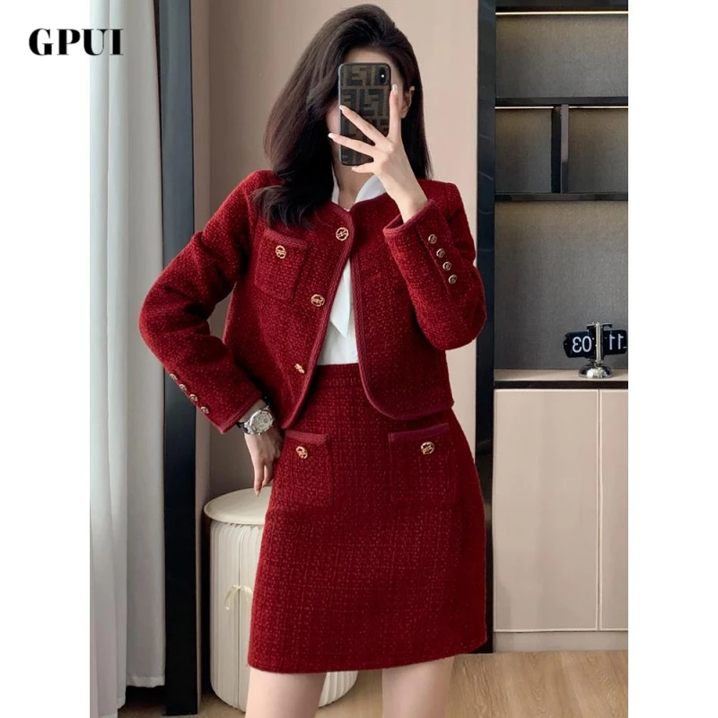 GPUI小香风外套秋装一整套新款法式两件套气质粗花呢上衣半身裙